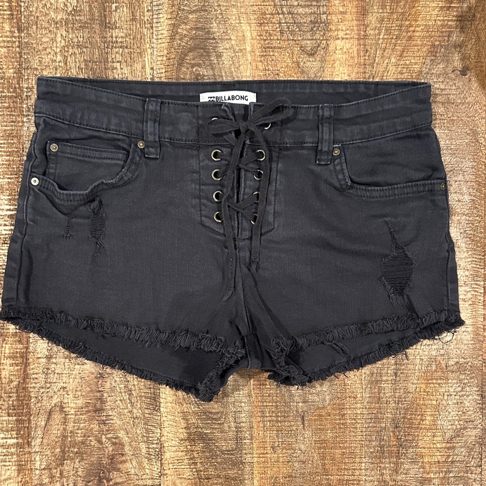 Billabong Black Distressed Lace-Up Jean Cut-Off Shorts